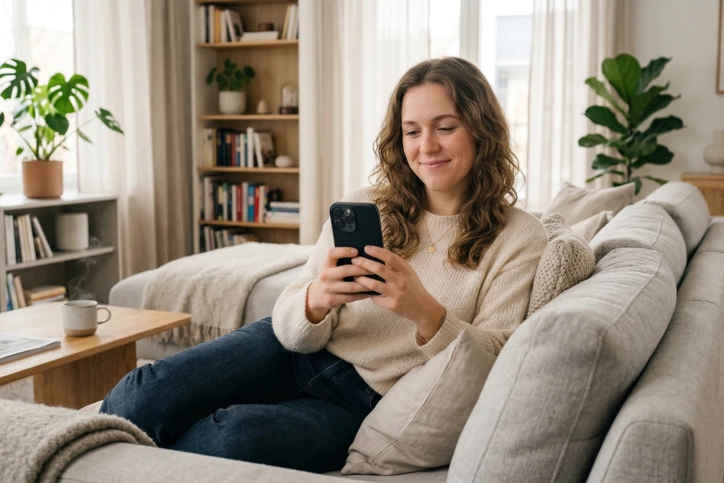 Person relaxing on couch effortlessly checking water system status on phone
