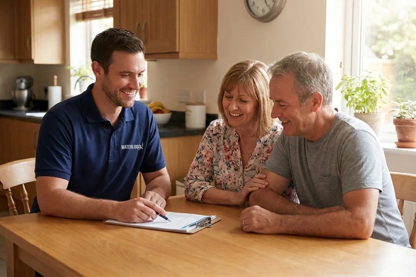 Waterlogix technician reviewing water test results with homeowners